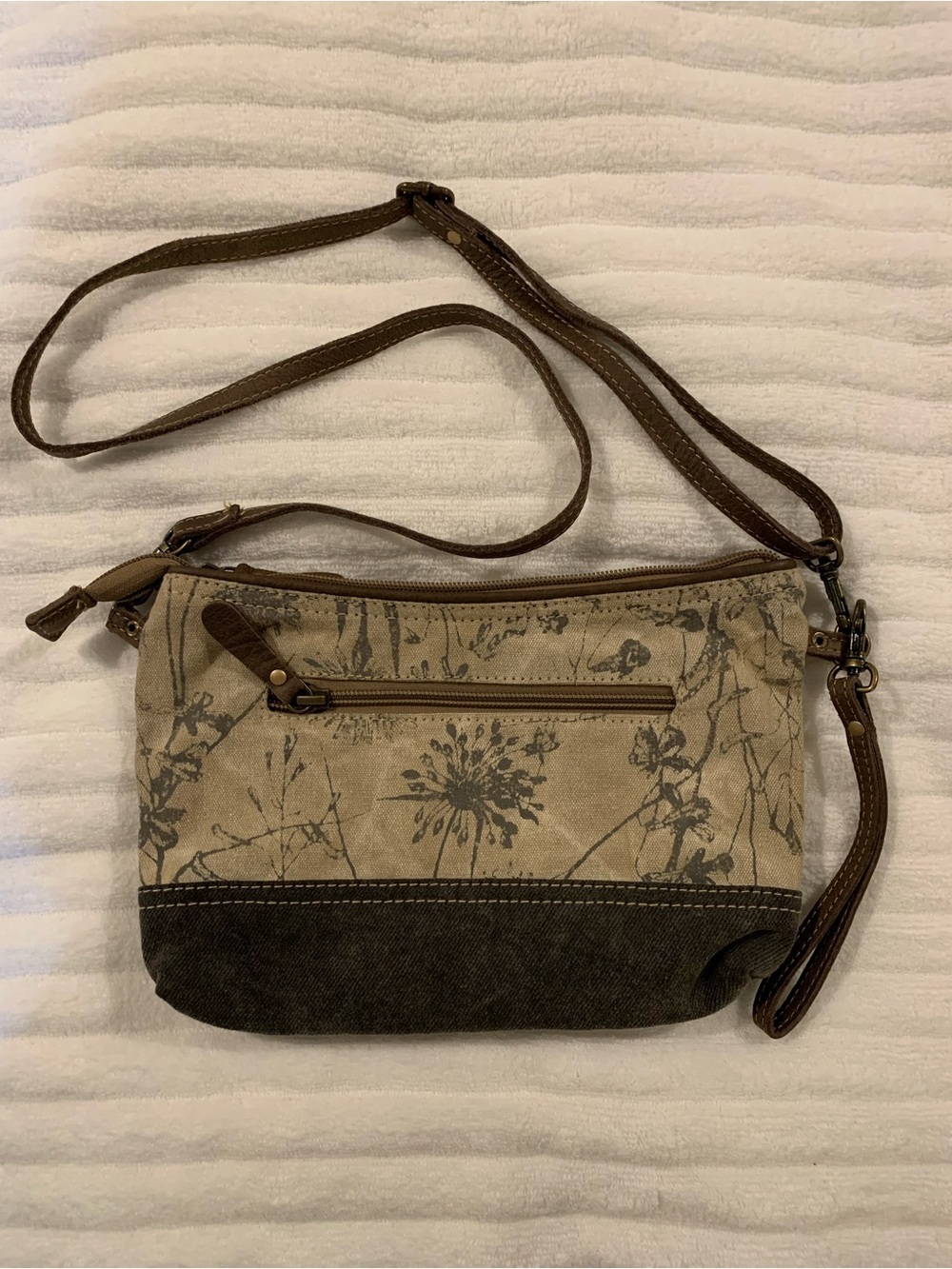 Myra Dainty Delight Bag Beige Floral Canvas Crossbody with Brown Leather Trim​​